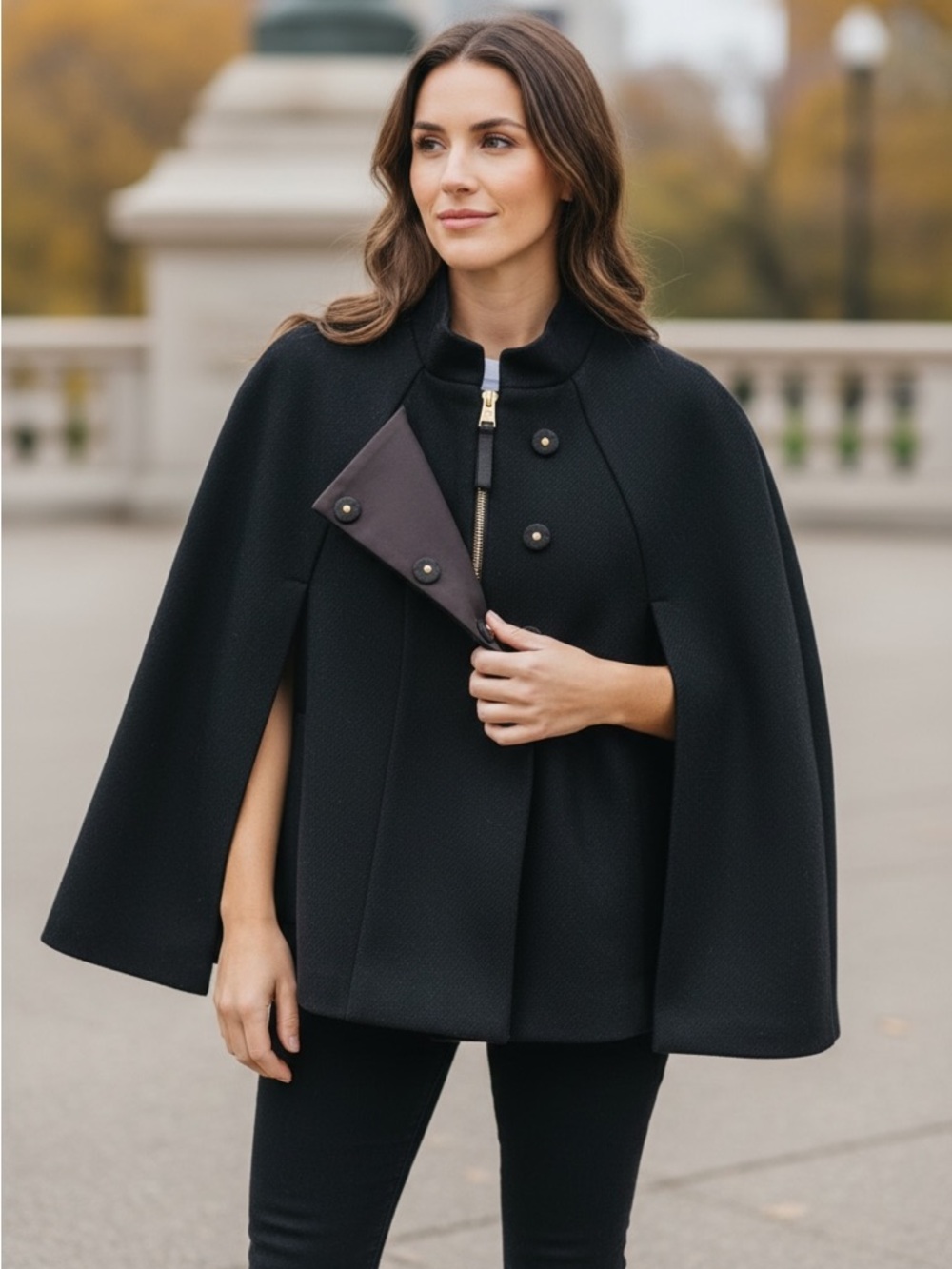 BCBGMAXAZRIA Women's Tailored Short Wool Shoulder Cape Wrap Zip & Button Snap
